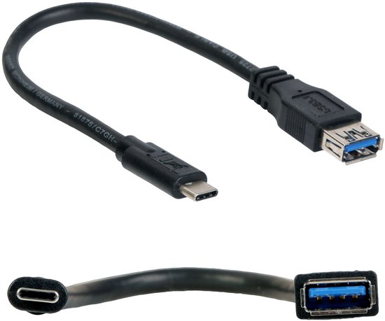 Zwarte Hama USB-C kabel met USB-C male naar USB-A female connector. Blauwe USB-A 3.0 poort.
