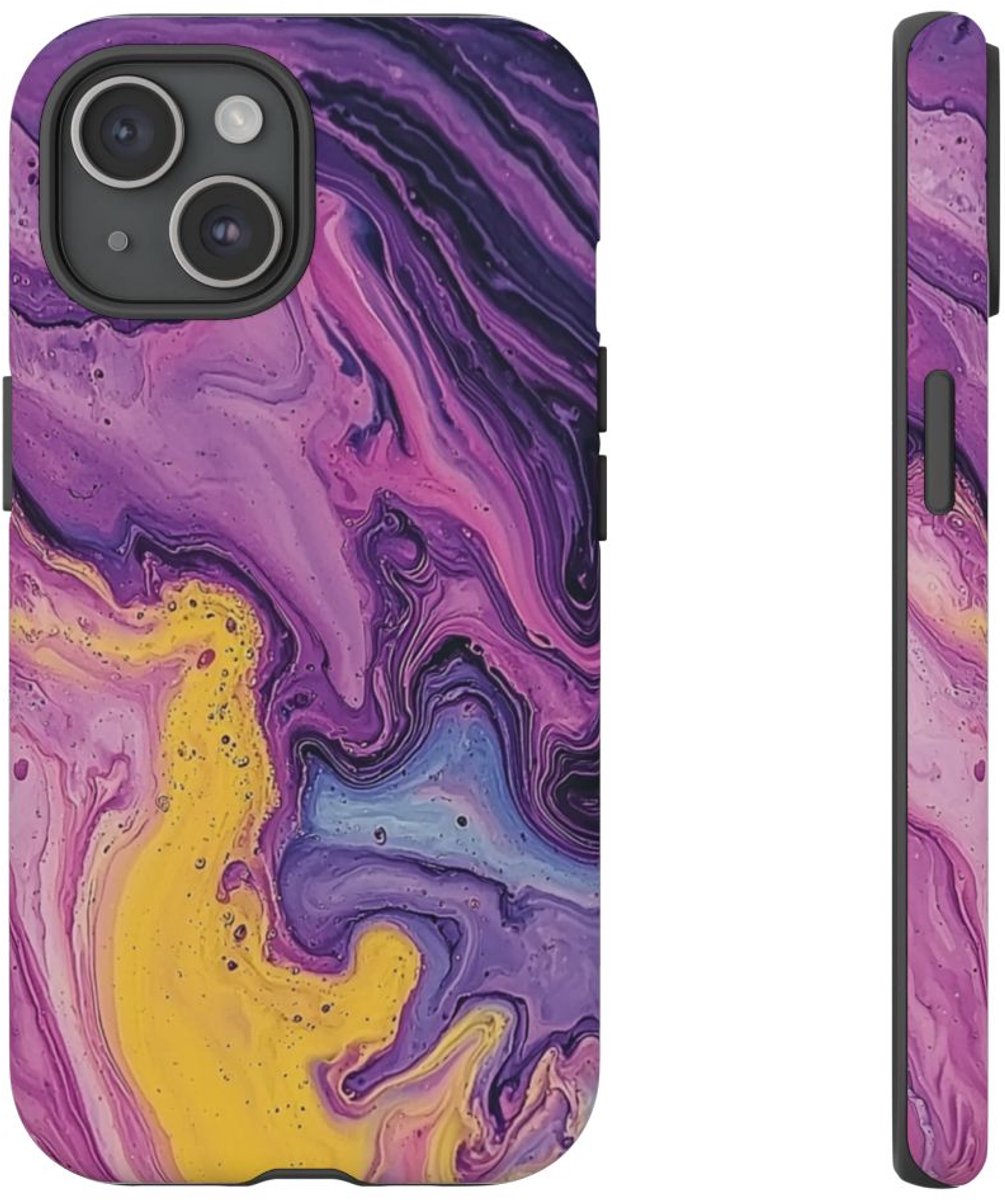 Paarse en Gele Abstracte Vloeibare Kunst – Telefoonhoesje Geschikt voor iPhone 15