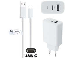 OneOne 30W super snellader met 2 poorten + 1,5m sterke USB C kabel. PD lader. Oplader adapter past op Samsung Galaxy S8, S9, A07, A17, F36, M36, F56, Tab Active 5 Pro, Tab S9, S9 FE, Tab S10 Lite, S10+, S10 FE+, S10 Ultra