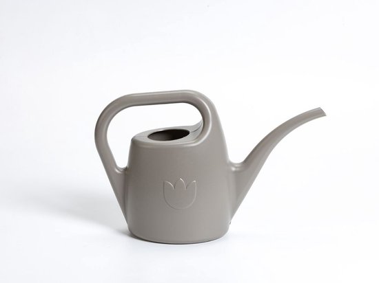 Taupe gieter met tuit, handvat en een tulp-embleem.