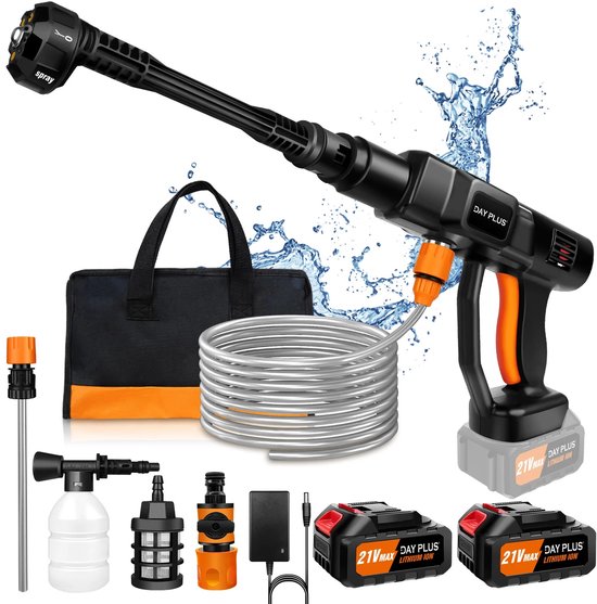 Draadloze Hogedrukreiniger - Accu Spuitpistool 21V - 6-in-1 Mondstuk - Autowasser - Tuinreiniger - Met 2 Batterijen 6.0Ah - Incl. Schuimfles - Slang met Filter - Hogedrukspuit - Draagbare Waterreiniger - Elektrisch Reinigingsapparaat