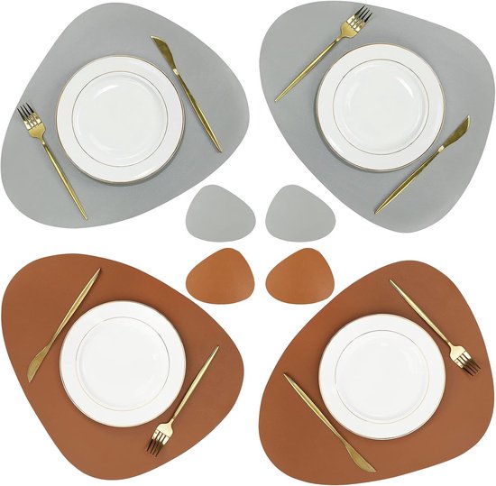 Set de 4 sets de table - Sets de table - Napperons - Set de dessous de verre - Sets de table en cuir - Dessous de verre hydrofuge - Marron, Grijs