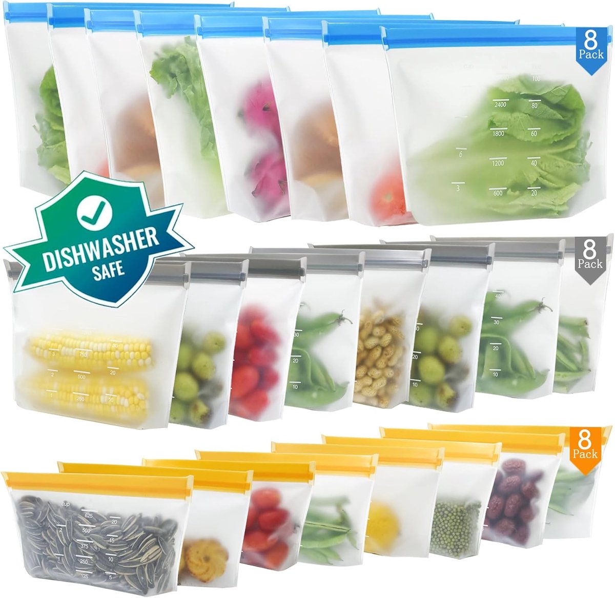 Famanu 24 stuks Herbruikbare siliconen voedselopbergzakken en staande bodemdesign, BPA-vrije siliconen diepvrieszakken, PEVA-keukenopbergzakken,siliconen opbergzak voor Fruit, Groenten, Vlees, Snack, Melk