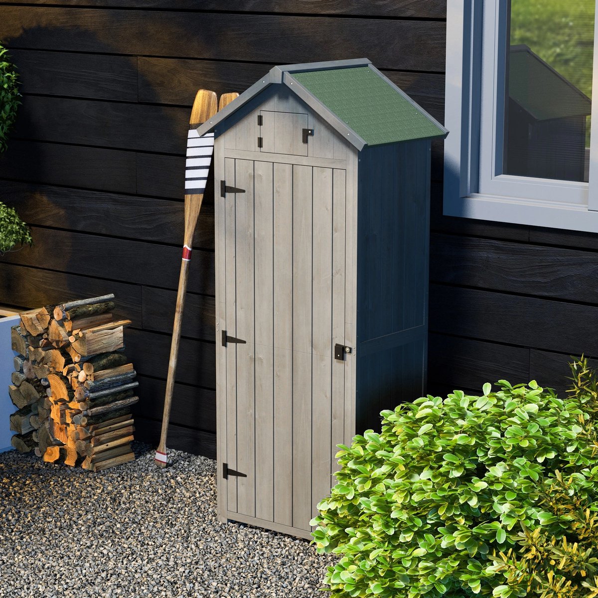 Pugsdrly Tuinkast van hout, gereedschapsschuur weerbestendig 77x54,2x179cm, gereedschapsschuur met deur, zadeldak, gereedschapskast met planken, gereedschapskast tuinhuisje voor tuin, terras, grijs+groen