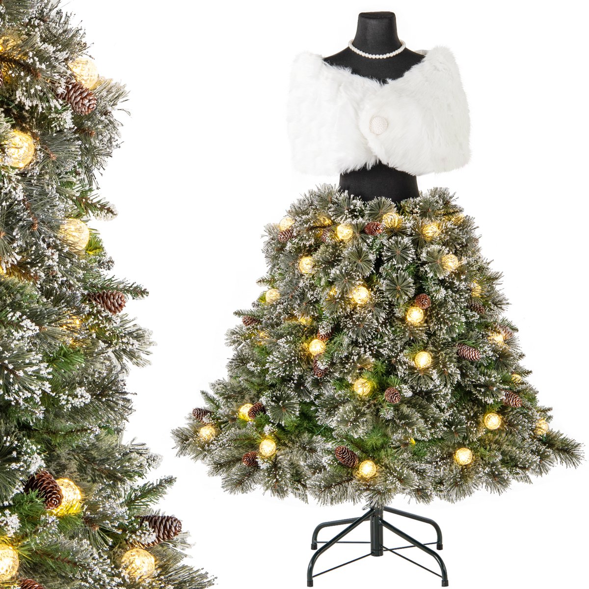 COSTWAY Kunstkerstboom in paspop-look, dennenboom met verlichting en scharnierstructuur, kerstboom met 50 led-lichtballen, 36 natuurlijke dennenappels, sjaal en halsketting