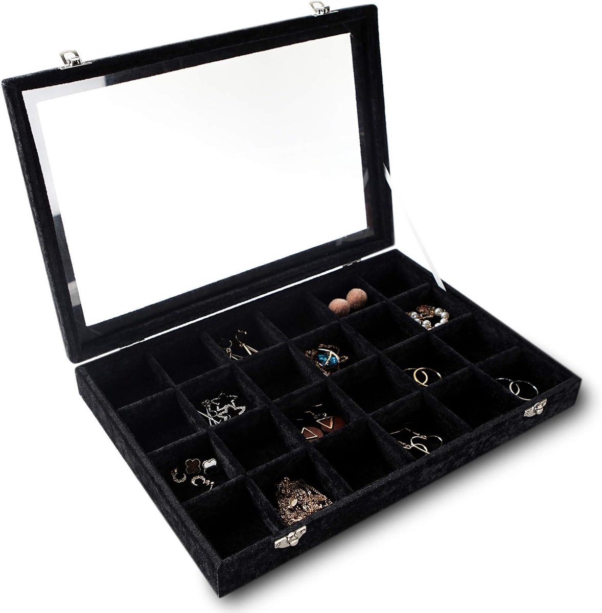 Smoakez - Sieraden Organizer Lade voor Meisjes en Vrouwen - 24 Grids - Fluwelen Lade Insert - Opbergdoos met Glazen Deksel - Display Case met Slot - Geschenken Opberger