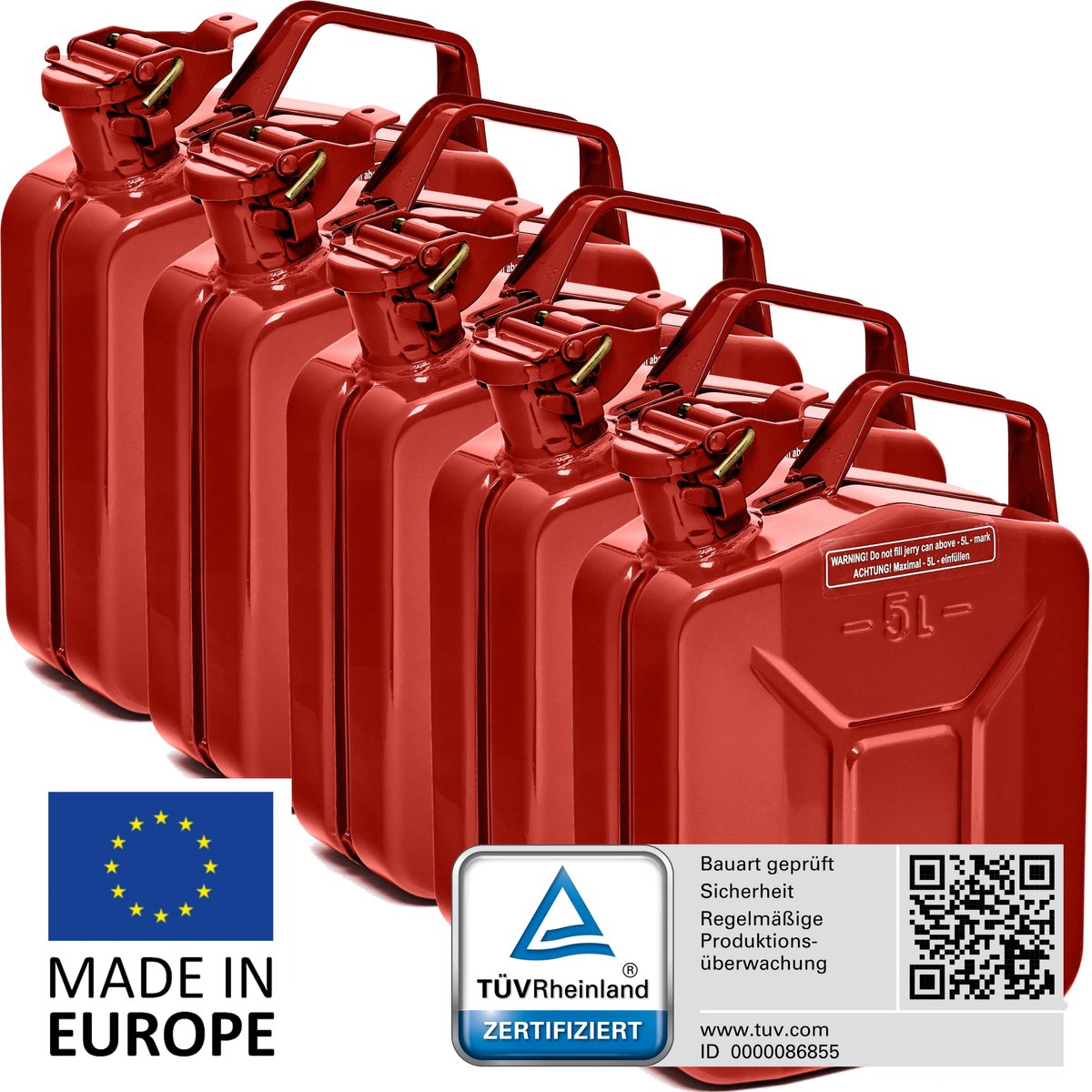 BW® Fuel Canister Metalen Benzineblik - Jerrycan 5x 5 liter - Rood - TÜV-getest en UN-goedgekeurd - Gemaakt in Europa