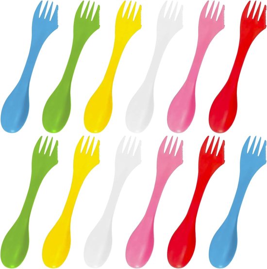 3 stuks plastic spork, 3-in-1 spork draagbare kampeerbestekset herbruikbare kampeerspork lepelvork met draagbare tas voor buiten, kamperen, wandelen en reizen (rood, groen en geel