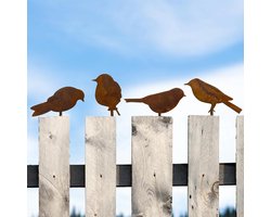 Tuindecoratie buiten - 4 Stuks Metalbird - Roestige vogels decoratie - metalen vogels beelden - Sfeer vogels - levensechte patina metalen vogels - tuin ornamenten silhouet - tuin hek decor - land tuin kunst - uinieren - Bruin/Roestkleur