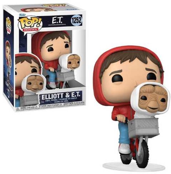 Pop-figuur van Elliott met rode hoodie en E.T. in een mandje op een fiets.