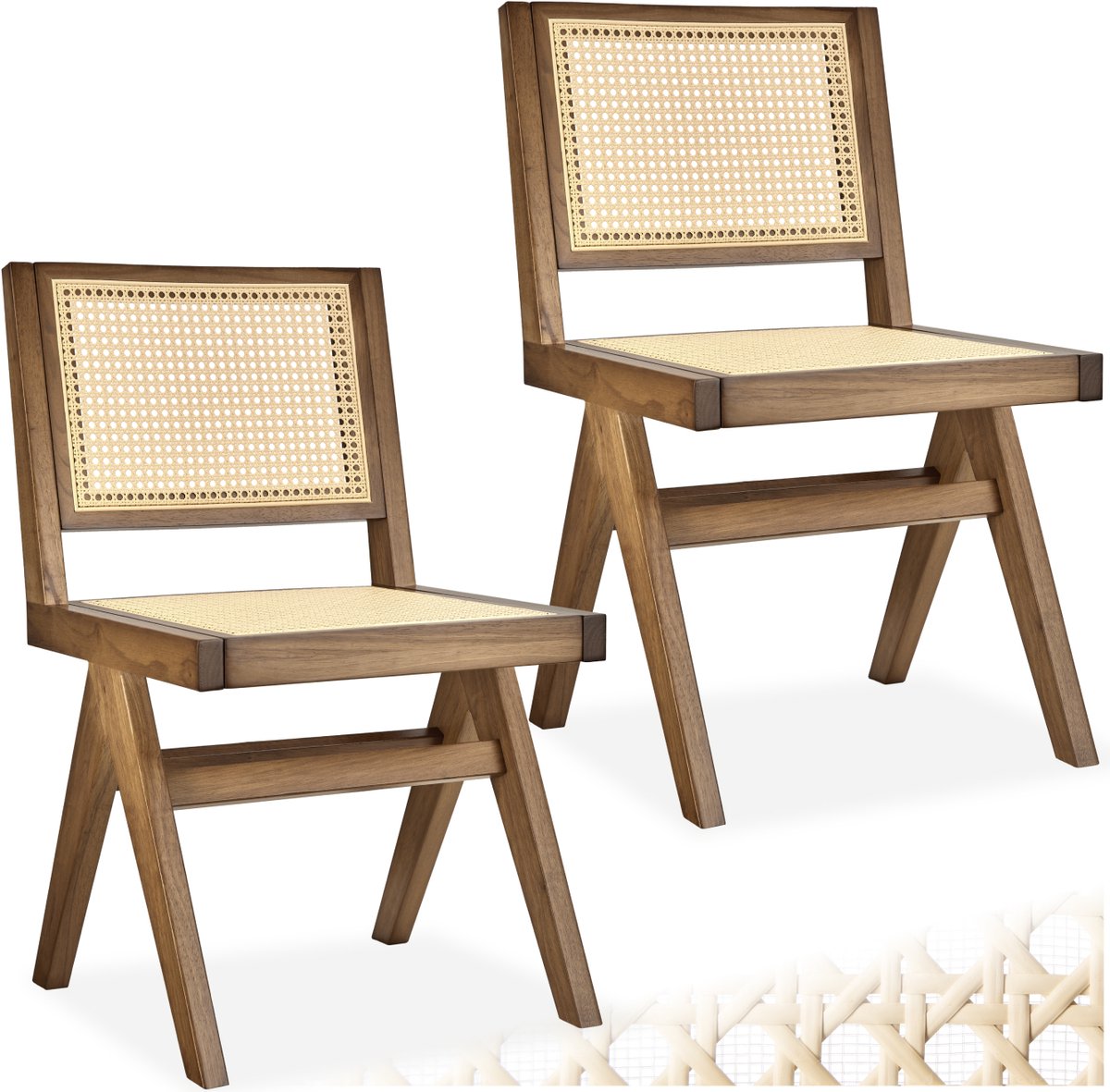 Tectake Houten Stoel Lizzy - Licht Eiken - Set van 2 Eetkamerstoelen met Weens Vlechtwerk - Boho-Stijl Stoel met Rugleuning - Massief Houten Frame - Belastbaarheid 120 kg