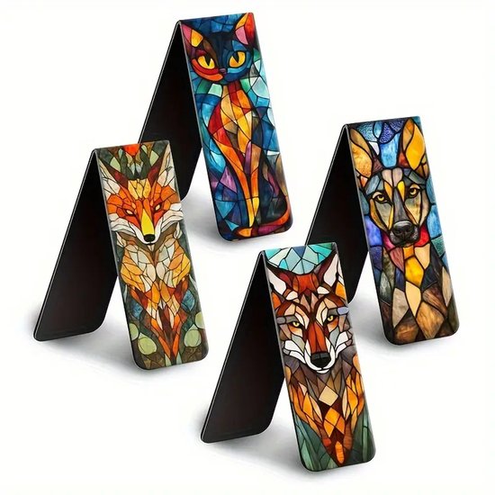 Marque-pages magnétiques Viwado® 4 pièces - Motifs Animaux en Plombs - Vossen, Chats, loups et Chiens - Idéal pour les amateurs de livres et d'art