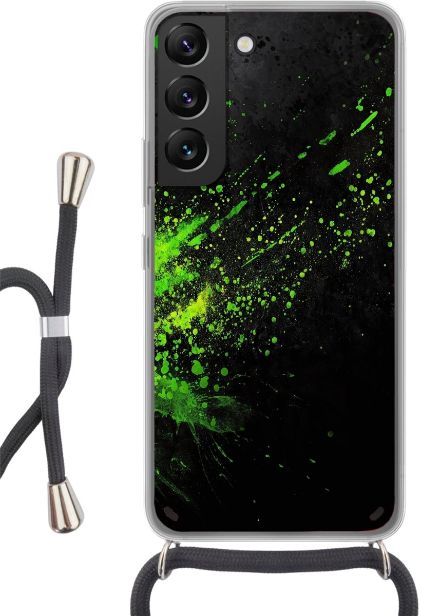 Telefoonhoesje Geschikt voor Samsung Galaxy S22 - Gaming - Spetters - Groen - Chaotisch - Groen - Siliconen - Crossbody - Backcover met Koord - Telefoonhoesje met koord - Hoesje met touw Telefoonhoesje