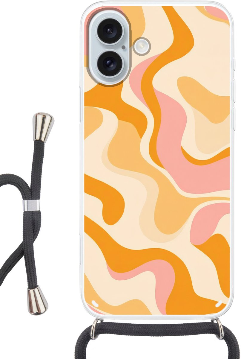 Telefoonhoesje Geschikt voor iPhone 16 Plus met koord - Abstract - Golvend - Oranje - Siliconen - Crossbody - Backcover met Koord - Telefoonhoesje met koord - Hoesje met touw Telefoonhoesje