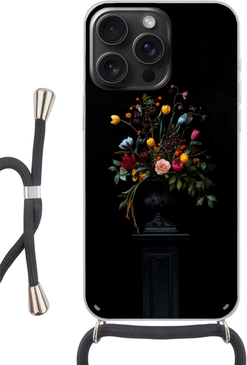 Telefoonhoesje Geschikt voor iPhone 15 Pro Max - Klassiek - Vaas - Boeket - Bloemen - Siliconen - Crossbody - Backcover met Koord - Telefoonhoesje met koord - Hoesje met touw Telefoonhoesje