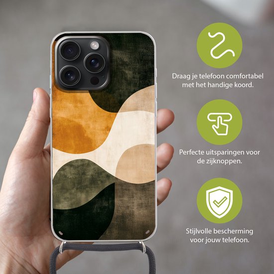 Coque de téléphone compatible avec iPhone 15 Pro - Formes - Jaune ocre - Abstrait - Siliconen - Bandoulière - Coque arrière avec cordon - Coque de téléphone avec cordon - Coque avec corde
