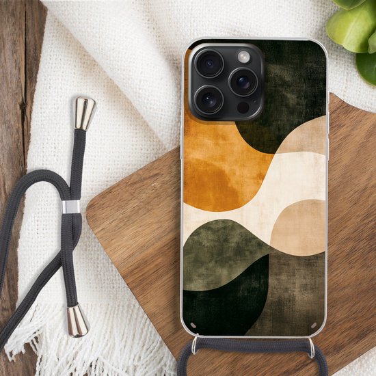 Coque de téléphone compatible avec iPhone 15 Pro - Formes - Jaune ocre - Abstrait - Siliconen - Bandoulière - Coque arrière avec cordon - Coque de téléphone avec cordon - Coque avec corde