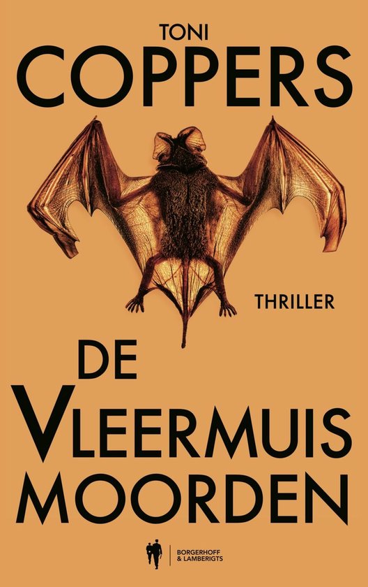 Livre "De vleermuismoorden" de Toni Coppers. Une chauve-souris aux ailes déployées sur fond orange. Thriller.
