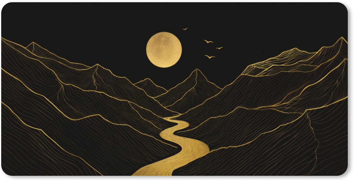 Muismat XXL 100x50 cm - Bureau onderlegger - Bureau mat Rivier - Goud - Maan - Vogels - Bureaumat - Gaming mousepad xl - Bureaulegger groot - Computer deskmat