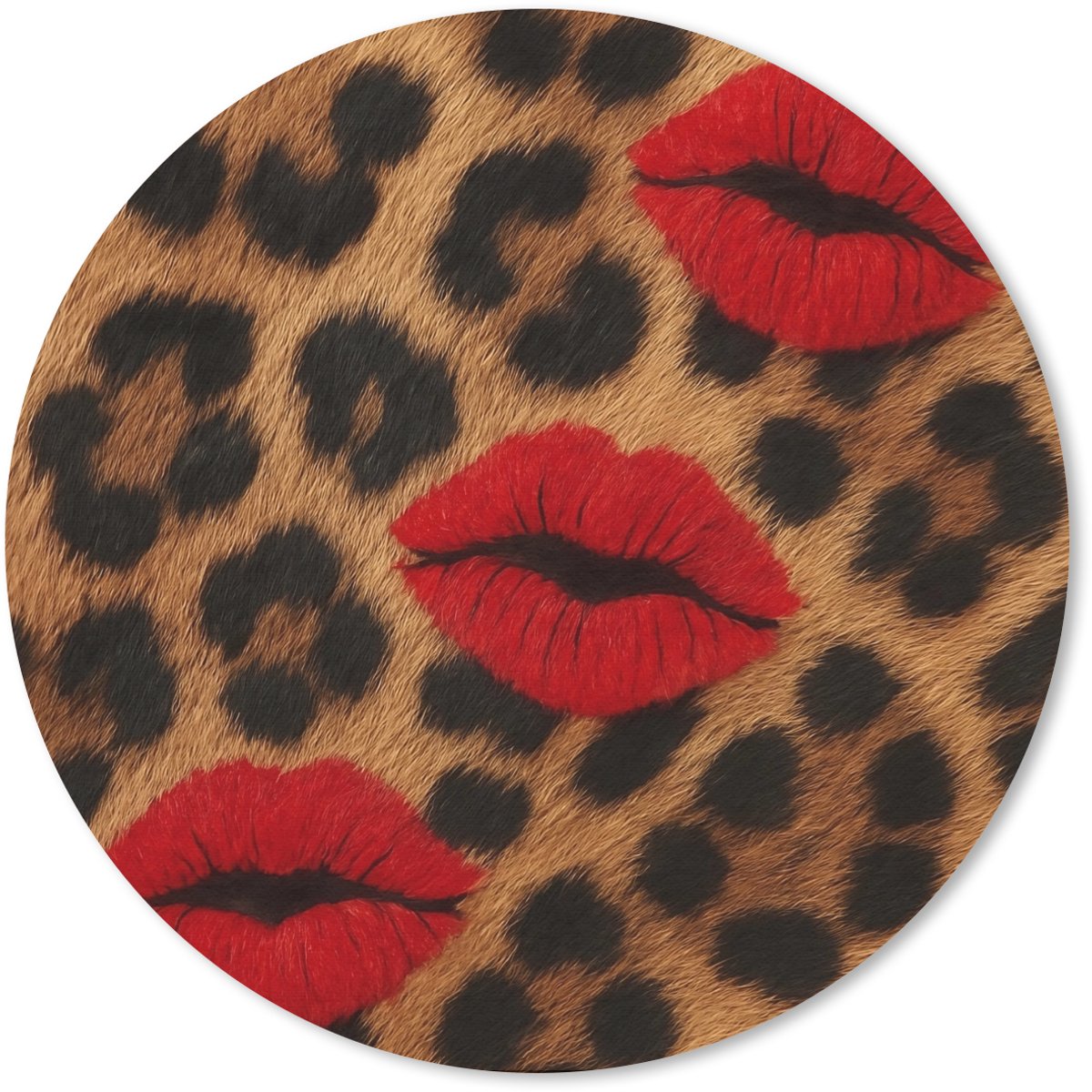 Muismat rond 20x20 cm - Mousepad Lippen - Drie - Rood - Panterprint - Ronde muismatten