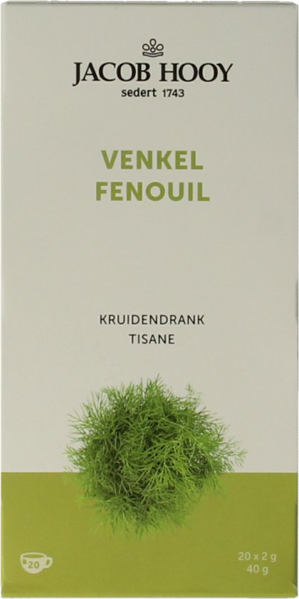 Doos Jacob Hooy met venkel kruidendrank. Groene plantafbeelding onderaan.