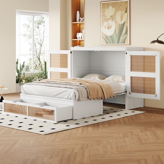 Sweiko Opklapbed - 140 x 200 cm - Opbergkast - 2 lades - Rieten ontwerp - Wit