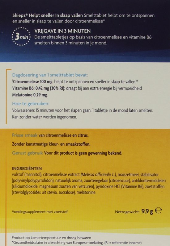 Ingrediënten van smelttabletjes Shiepz: melisse, vitamine B6, melatonine. Frisse smaak van citroenmelisse en citrus.