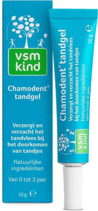Blauwe doos en turquoise tube. Tekst: Chamodent tandgel.