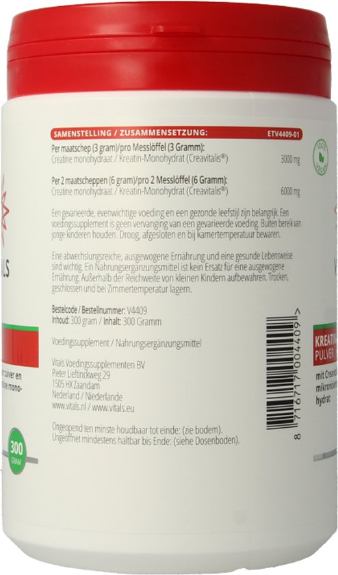 Achterkant van een Vitals Creatine-CV pot met productinformatie en barcode.