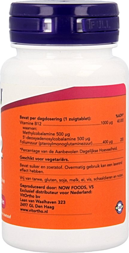 Achterkant flesje NOW B12 Actief met oranje en witte etikettering, met vermelding van dosering en ingrediënten.