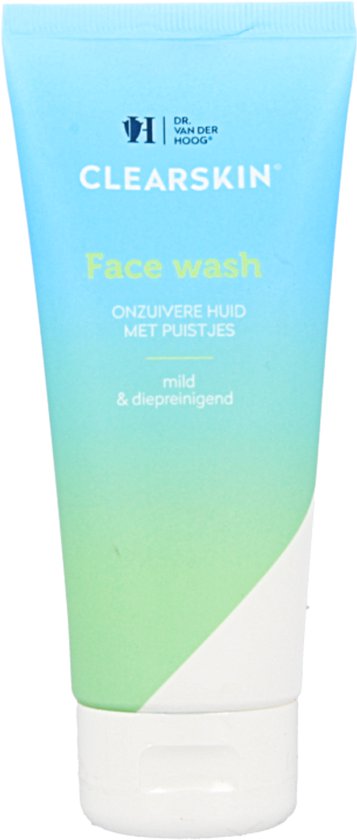 Dr. van der Hoog ClearSkin Face Wash, een tube gezichtsreiniger met blauwgroene gradiënt.