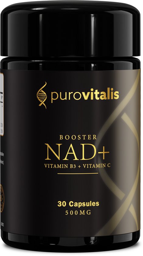 Zwarte pot met 'purovitalis NAD+ Booster Vitamin B3 + Vitamin C 30 Capsules 500MG'.
