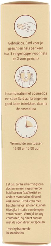 Zijde van de Vision Face Fluid verpakking met gebruiksaanwijzing en waarschuwingen.