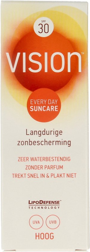 Vision Every day Suncare zonnebrand met SPF 30, langdurige bescherming, in een witte doos.