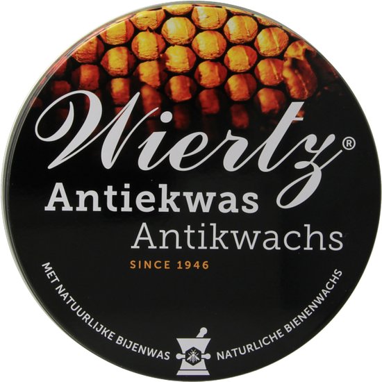 Zwarte deksel met "Wiertz Antiekwas" en afbeelding van honingraten.