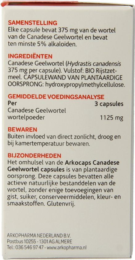 Achterkant van de verpakking van Arkocaps Canadese Geelwortel met ingrediënten en gebruiksaanwijzing.