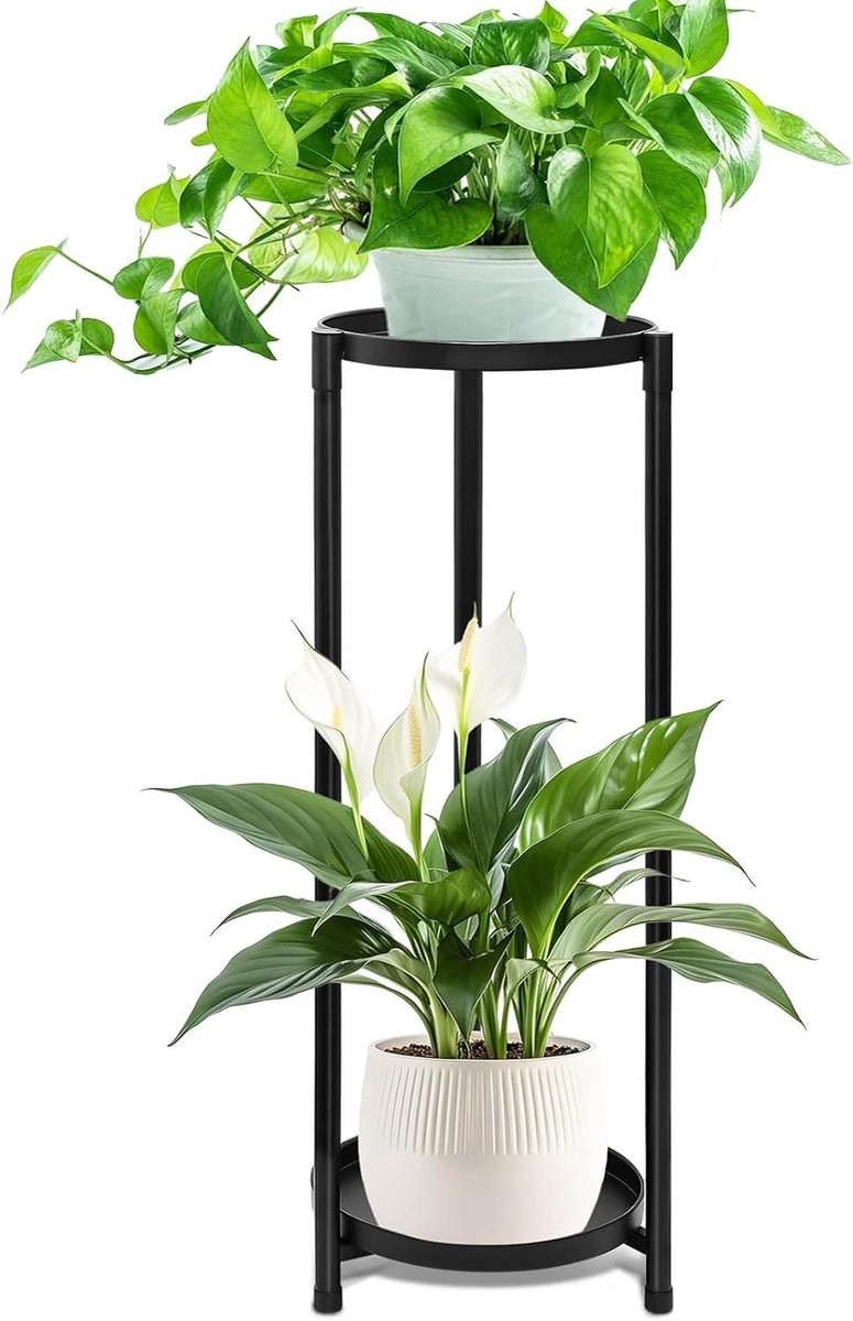 JGS Premium - Plantenrek met 2 niveaus van metaal in het zwart voor binnen en buiten - Bloemenstandaard voor balkon, tuin en woonkamer - Bloemenbank - Bloemen Trap (A)