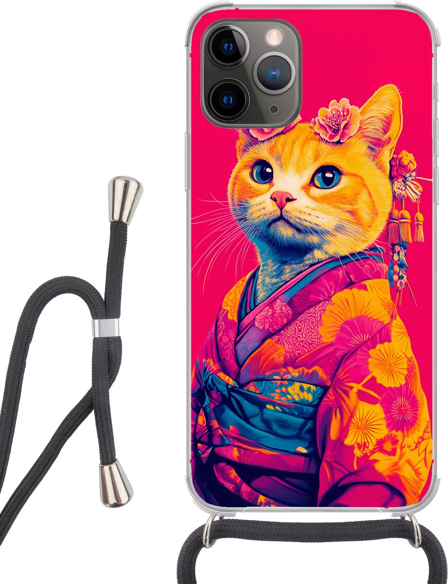 Telefoonhoesje Geschikt voor iPhone 13 Pro - Kat - Kimono - Bloemen - Roze - Siliconen - Crossbody - Backcover met Koord - Telefoonhoesje met koord - Hoesje met touw Telefoonhoesje