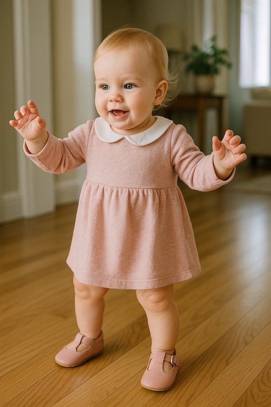 Een baby in een roze jurk met witte kraag en roze schoentjes.