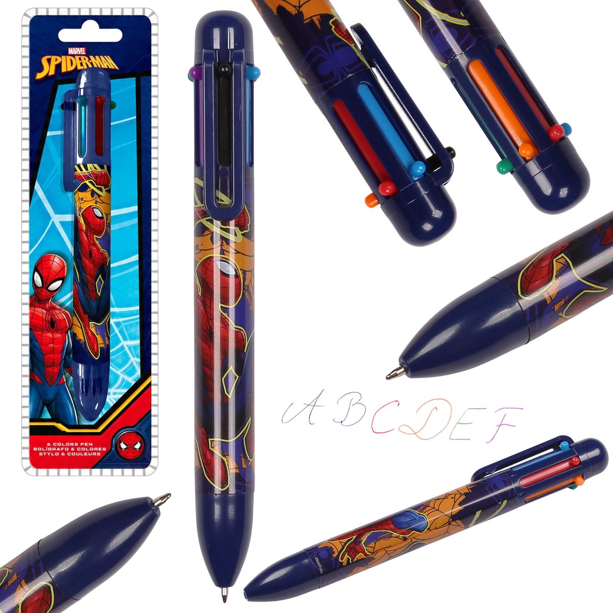 MARVEL Spider Man MEERKLEURIGE 6-in-1 balpen, automatisch, voor school, 6 KLEUREN
