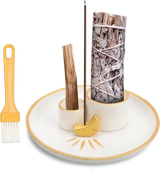 BEYLAB Salie wierookhouder witte salie voor keramische wierookstokjeshouder, Palo Santo holder, wierookkom, kaarsen, smudge, houder minimalistische decoratie (bruin wit