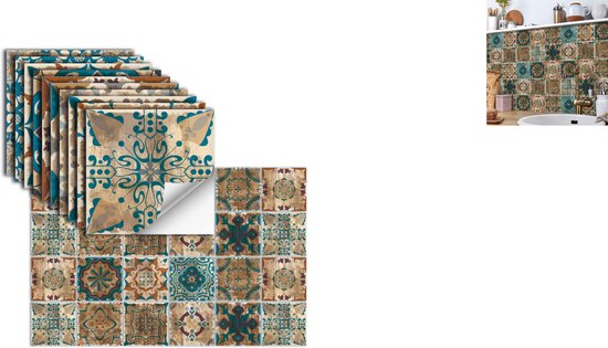 Set van 24 zelfklevende tegels met vintage patroon in bruin, blauw en goud.