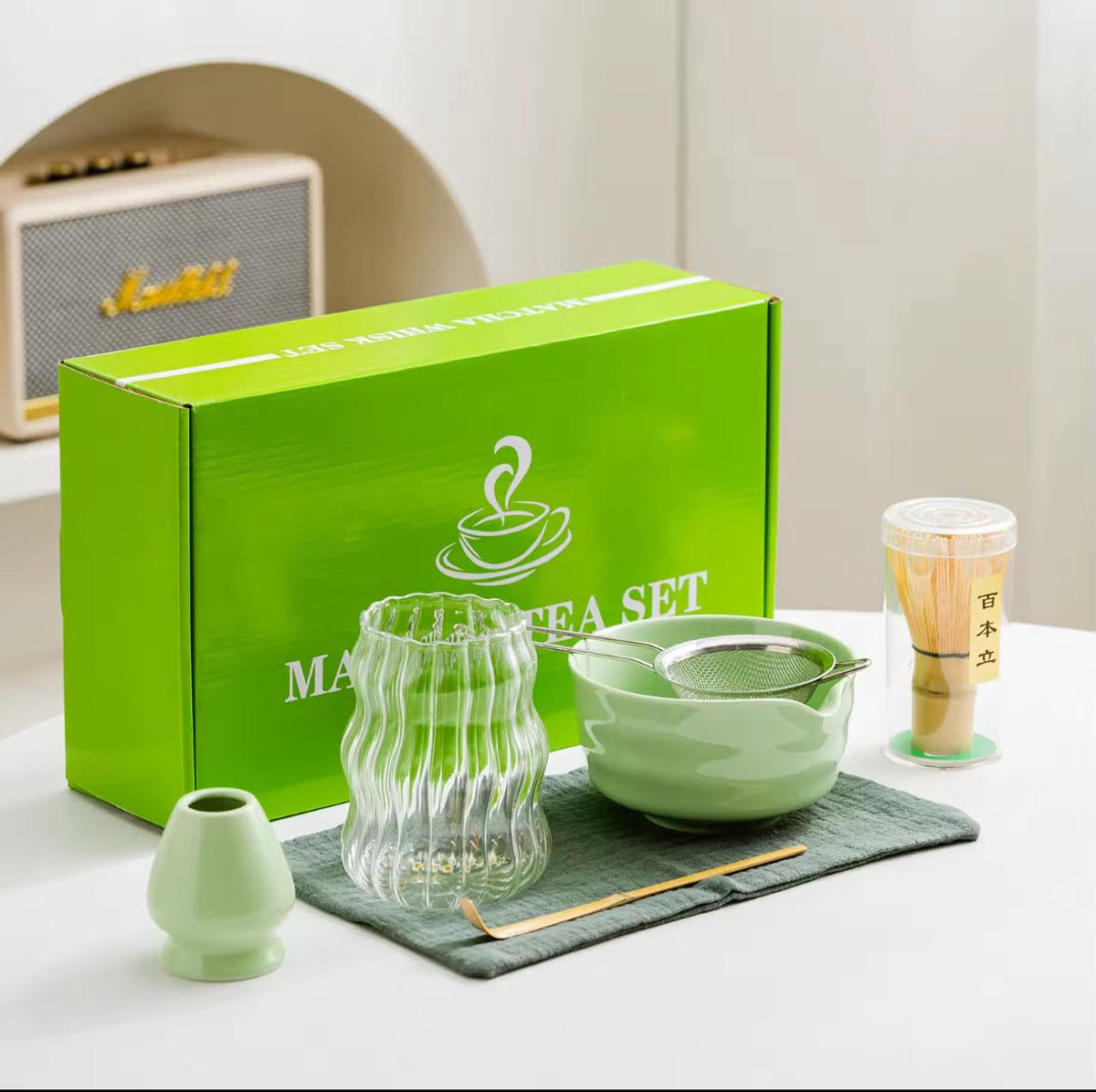 Matcha Set - Groene Luxe Matcha Set - 6-delig - Matcha set met glas - Matcha Kom - Matcha Starterkit - Matcha Klopper - Matcha Gift Box - Matcha Whisk - Matcha Geschenkdoos