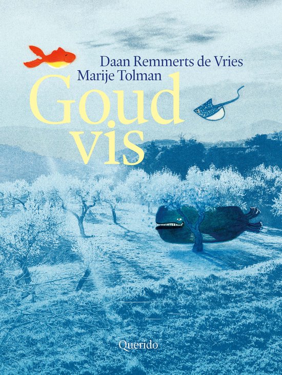 Boekomslag met gouden vis tekst en illustraties van een landschap met bomen, een rog en een goudvis.
