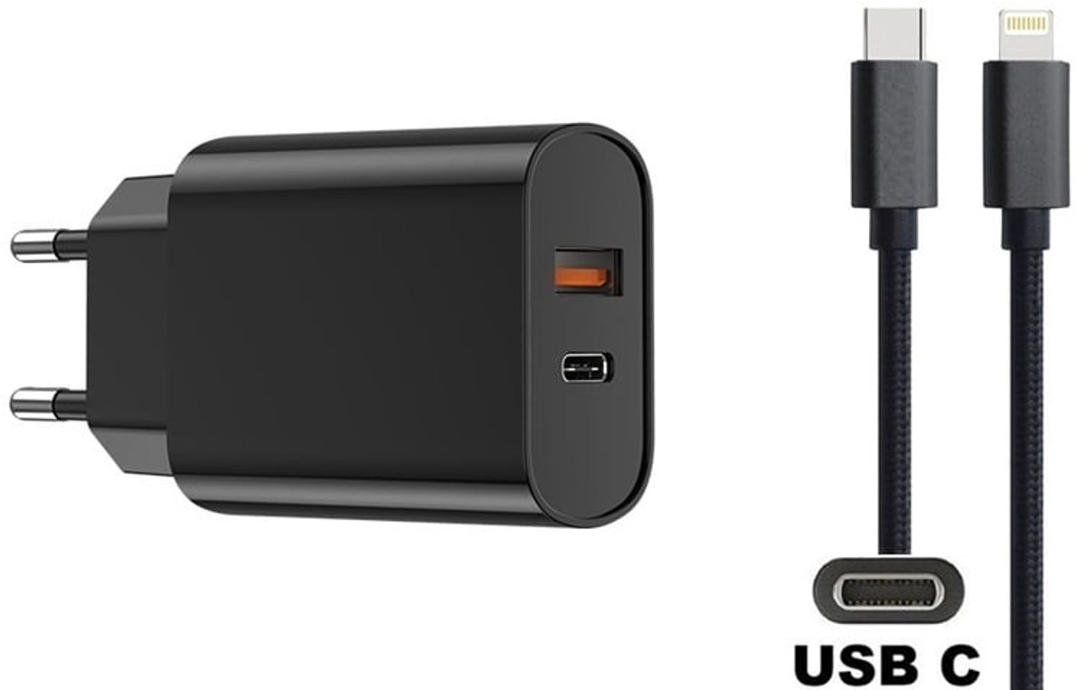 OneOne 20W snellader met 2 poorten + 2,0m OneOne USB C naar Lightning kabel. PD lader. Universele oplader adapter past op Apple iPad Mini, iPad Mini 2, iPad Mini 3, iPad Mini 4, iPad Mini 5, iPad Air, iPad Air 2, iPad Air 3