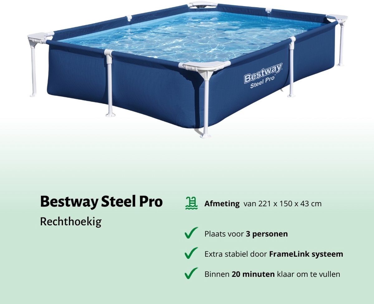 Bestway Zwembad - Opzetzwembad - Rechthoekig - 221 x 150 x 43 cm - Blauw - Inclusief Pomp - Filter - Chloorpakket - Onderzeil - Afdekzeil - Schoonmaakset – foto 2