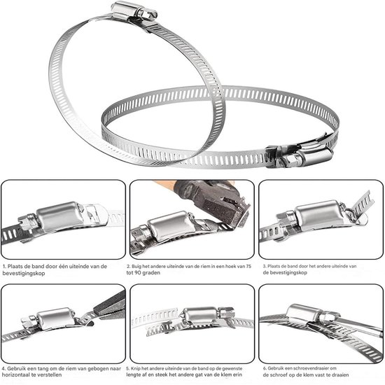 RVS Slangklemmen Set - Metalen Beugels met Schroef - 3m Band + 8 Klemmen - Verstelbare Wormschroef Slangklemmen - Voor Buis, Conduit, Duct - Zilver - 9-delig van Merkloos — afbeelding 4