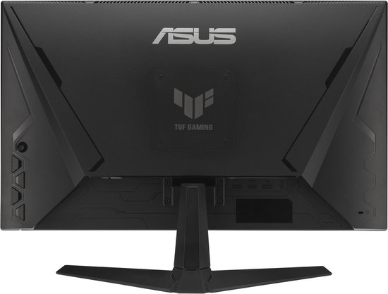 Achterkant van de ASUS TUF Gaming monitor, kijkend vanaf de zijkant, met de standaard.