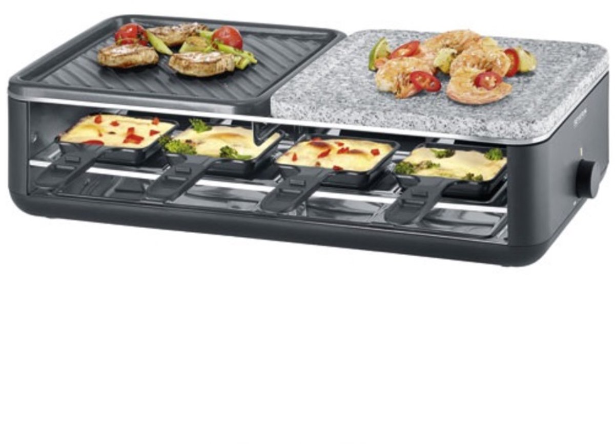 SEVERIN RG 2366 Black Line gourmetstel - PFAS vrije baklaag - 8 personen - temperatuurinstelling - vaatwasserbestendig - 8 pannetjes met parkeerfunctie - Natuursteen en keramisch grilloppervlak