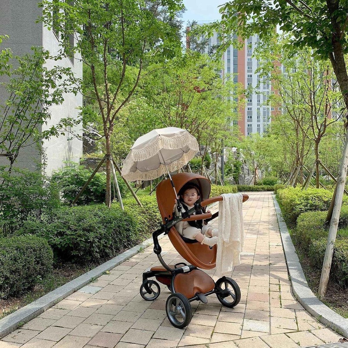 Outdoor-babyparasol met UV-bescherming, strand kwasten en franjes voor kinderwagen en kinderwagenstandaard